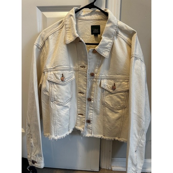 Women's Cropped Denim Trucker Jacket - Wild Fable Cream S - Picture 3 of 5